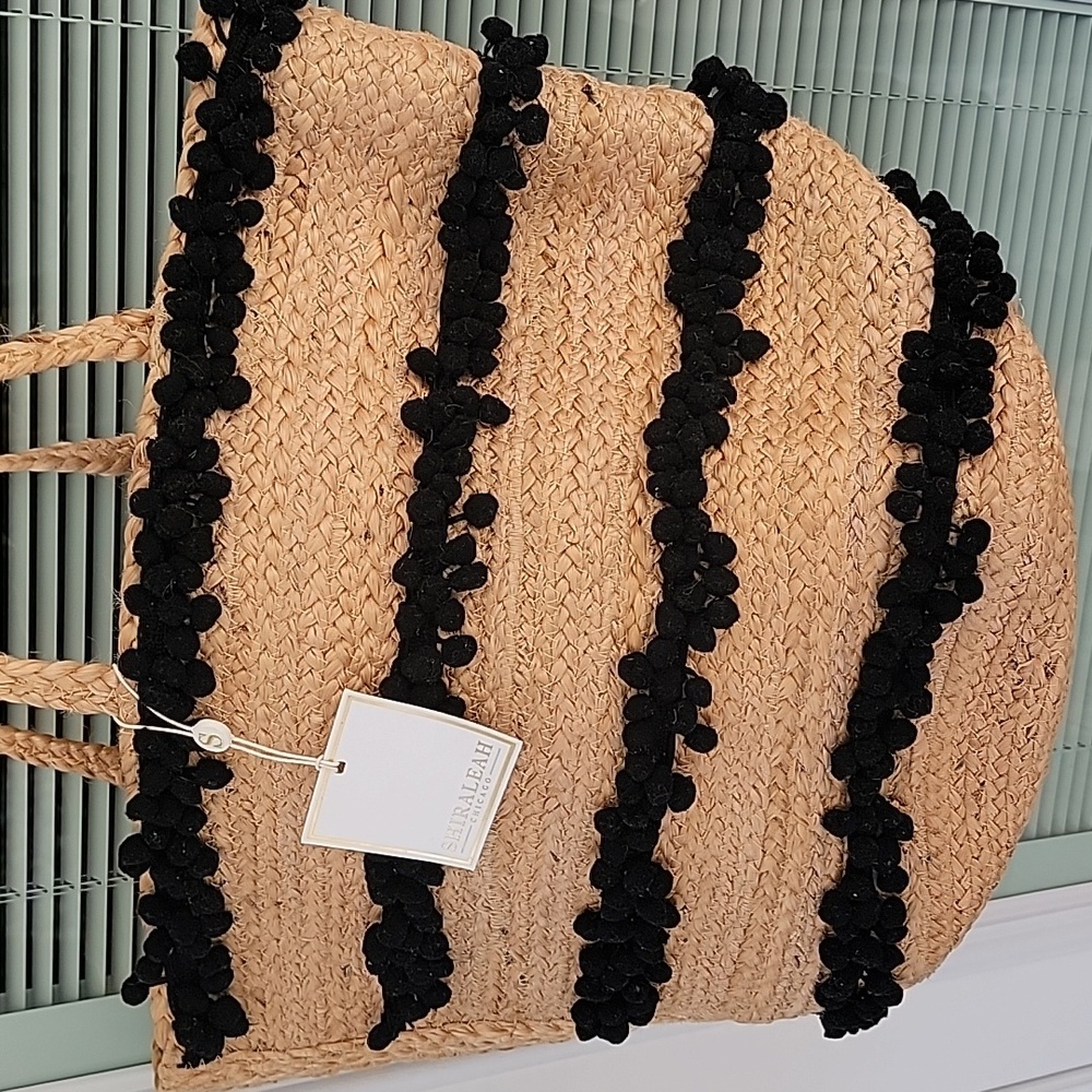 Shiraleah Woven Straw Tote Bag  with Black Pom Pom Trim NWT